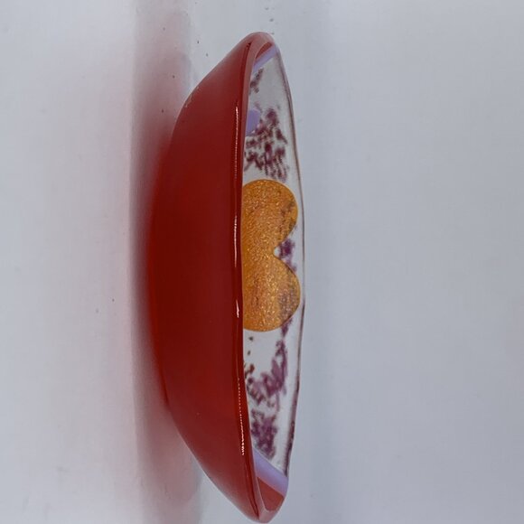 A Fox Fused Glass Heart Plate Tray 5” 1994 Art Glass Red Lavender Orange - Picture 6 of 9